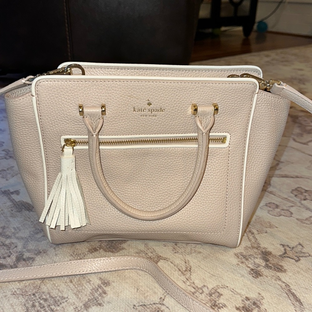 Tan with white Kate Spade bag.